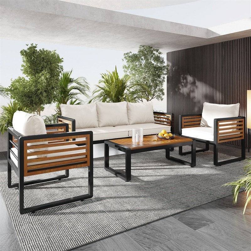 Ensemble de meubles de patio extérieur 4 pièces, ensemble bistro, ensemble de conversation de patio avec table basse et coussin amovible, ensemble de sièges d'extérieur