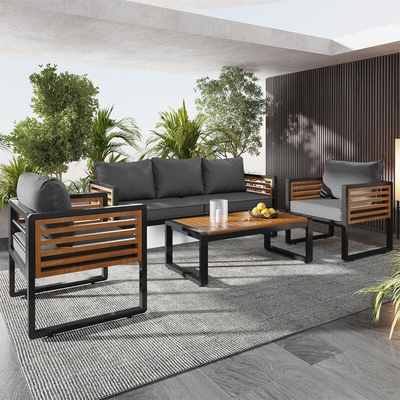 Ensemble de meubles de patio extérieur 4 pièces, ensemble bistro, ensemble de conversation de patio avec table basse et coussin amovible, ensemble de sièges d'extérieur