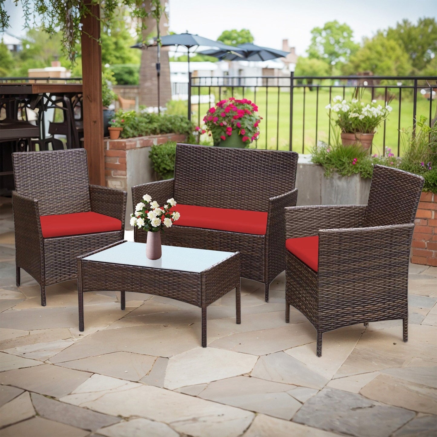 Ensemble de meubles de jardin 4 pièces avec coussins, salon de jardin en osier et table basse en verre
