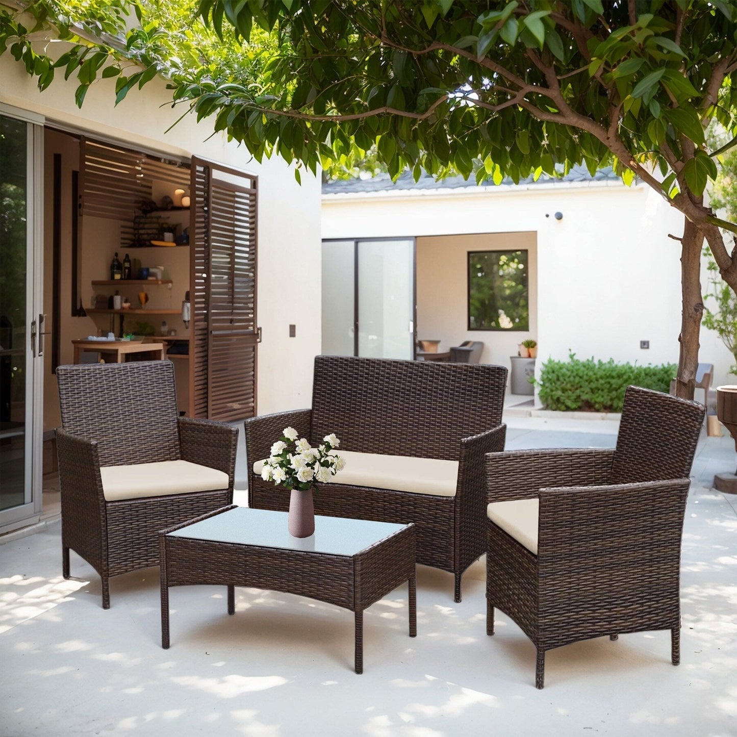 Ensemble de meubles de jardin 4 pièces avec coussins, salon de jardin en osier et table basse en verre