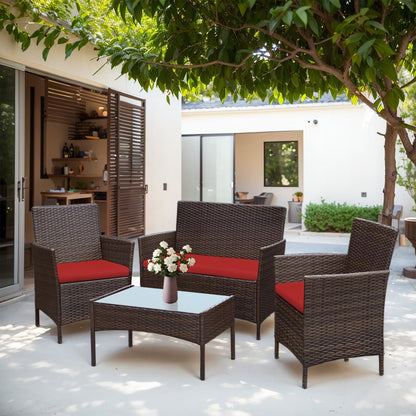 Ensemble de meubles de jardin 4 pièces avec coussins, salon de jardin en osier et table basse en verre