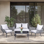 Ensemble de 4 meubles de jardin en osier pour terrasse, canapé-lit en rotin gris avec coussin et table