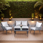 Ensemble de 4 meubles de jardin en osier pour terrasse, canapé-lit en rotin gris avec coussin et table