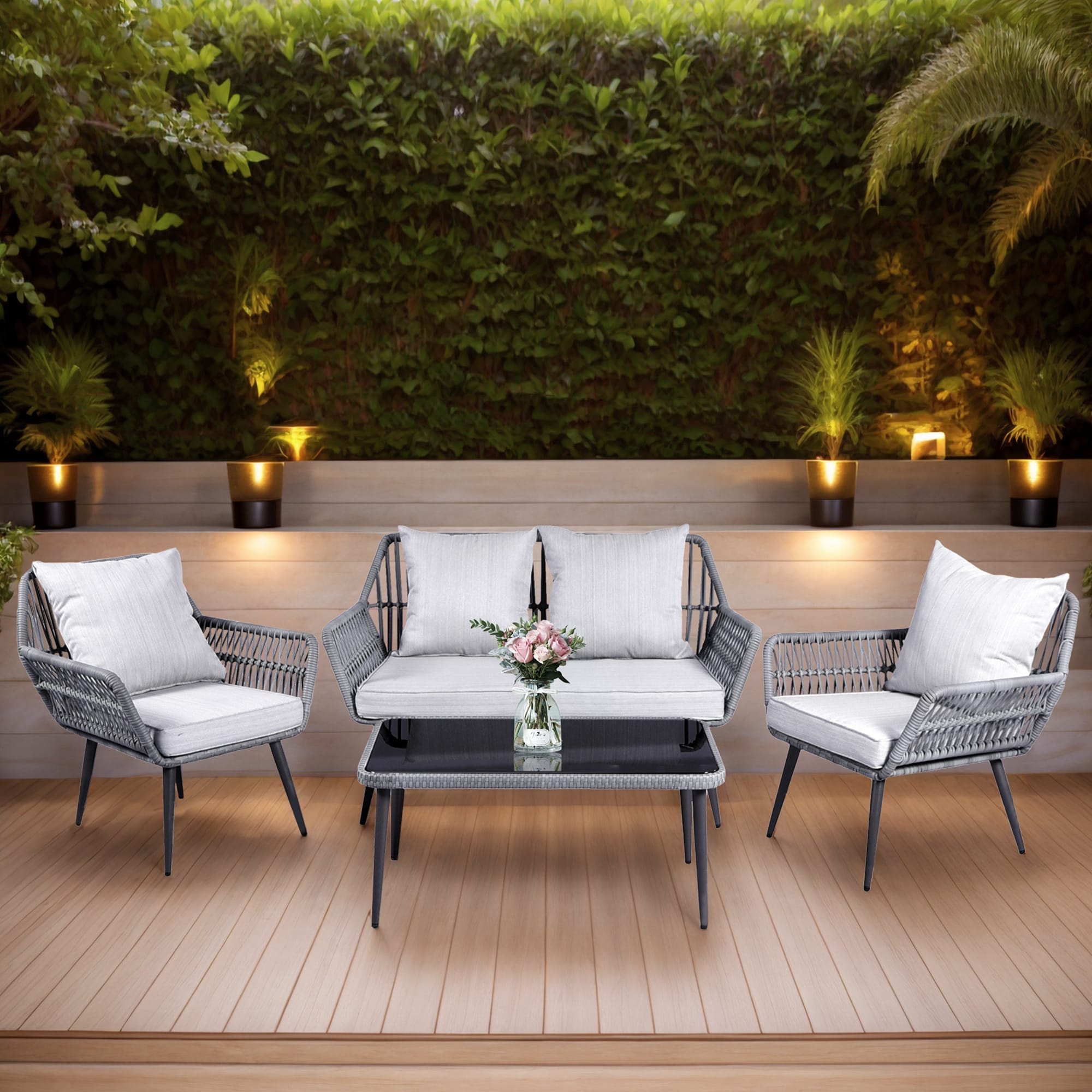 Ensemble de 4 meubles de jardin en osier pour terrasse, canapé-lit en rotin gris avec coussin et table