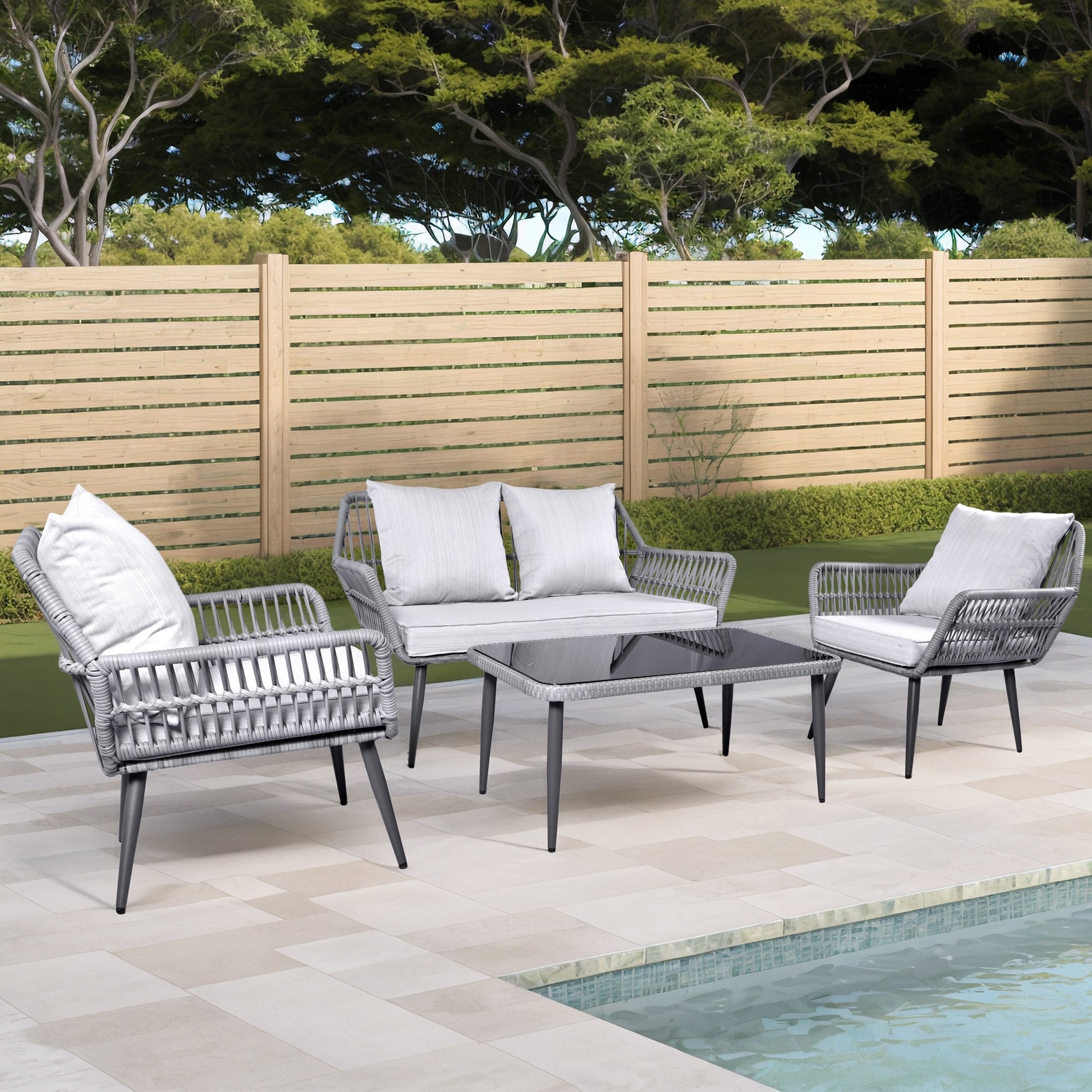 Ensemble de 4 meubles de jardin en osier pour terrasse, canapé-lit en rotin gris avec coussin et table