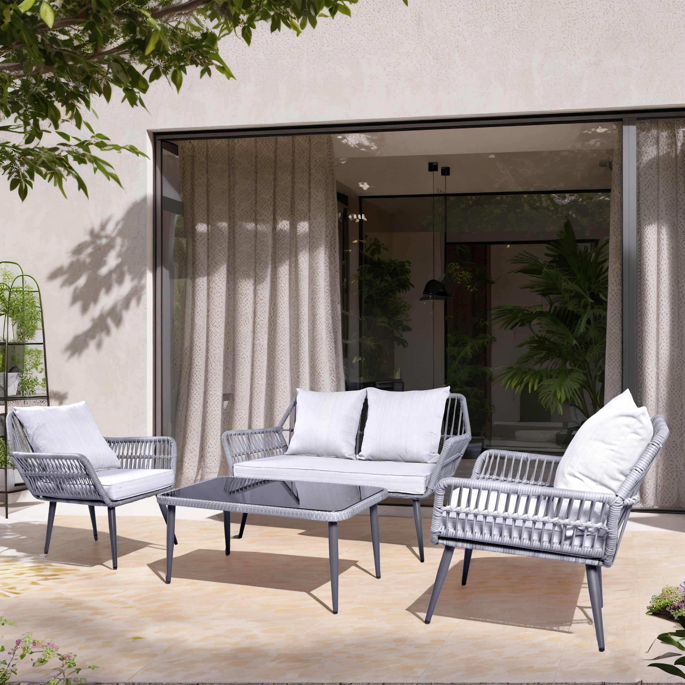 Ensemble de 4 meubles de jardin en osier pour terrasse, canapé-lit en rotin gris avec coussin et table