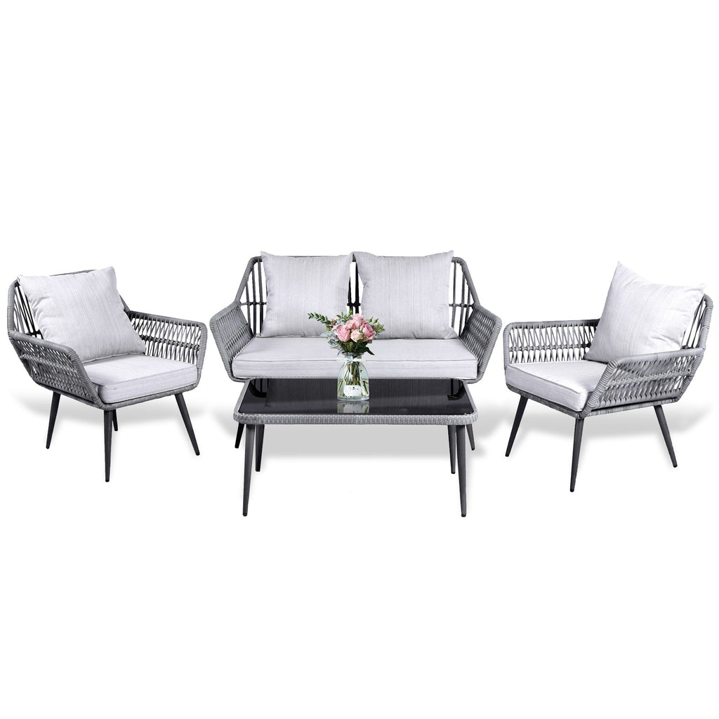 Ensemble de 4 meubles de jardin en osier pour terrasse, canapé-lit en rotin gris avec coussin et table
