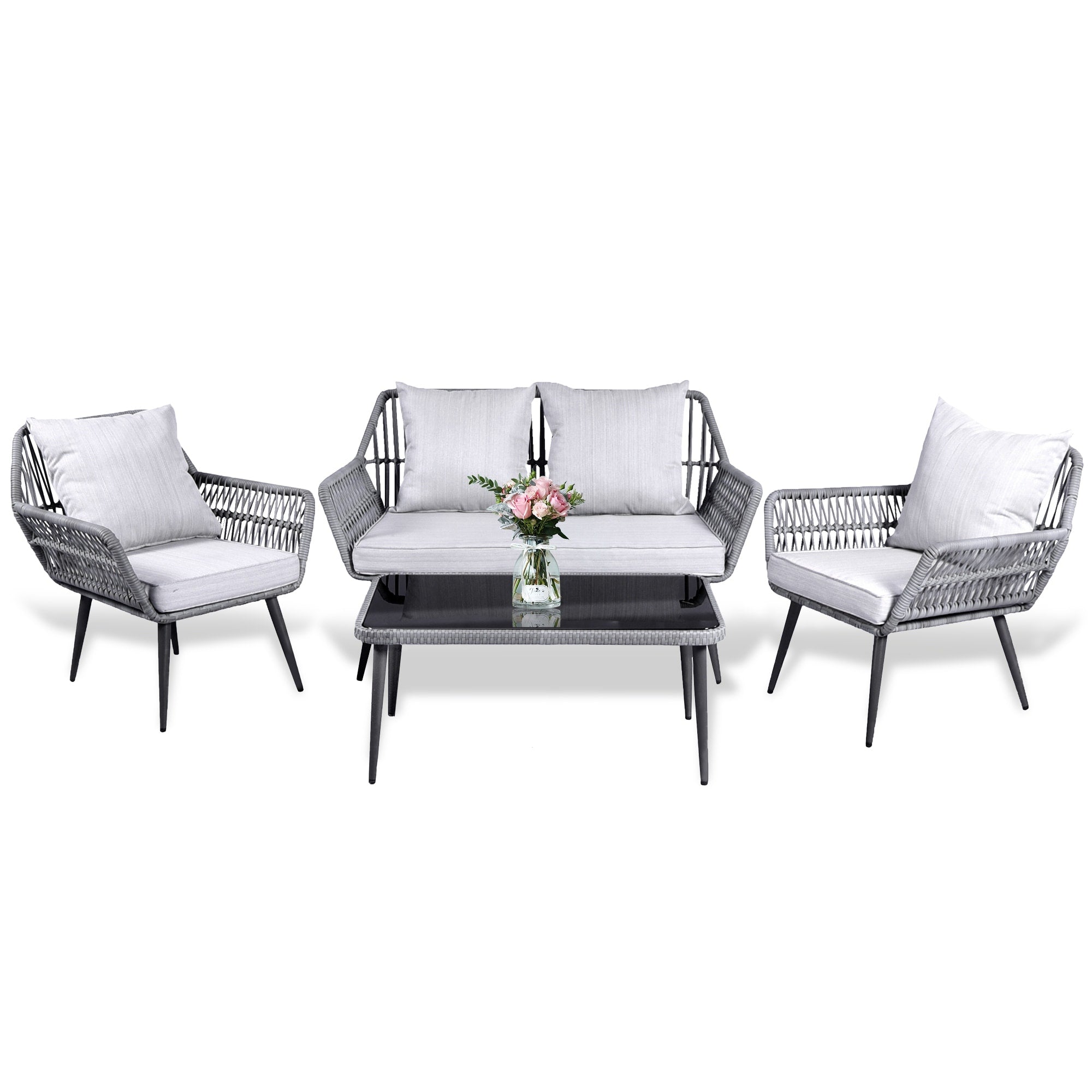 Ensemble de 4 meubles de jardin en osier pour terrasse, canapé-lit en rotin gris avec coussin et table