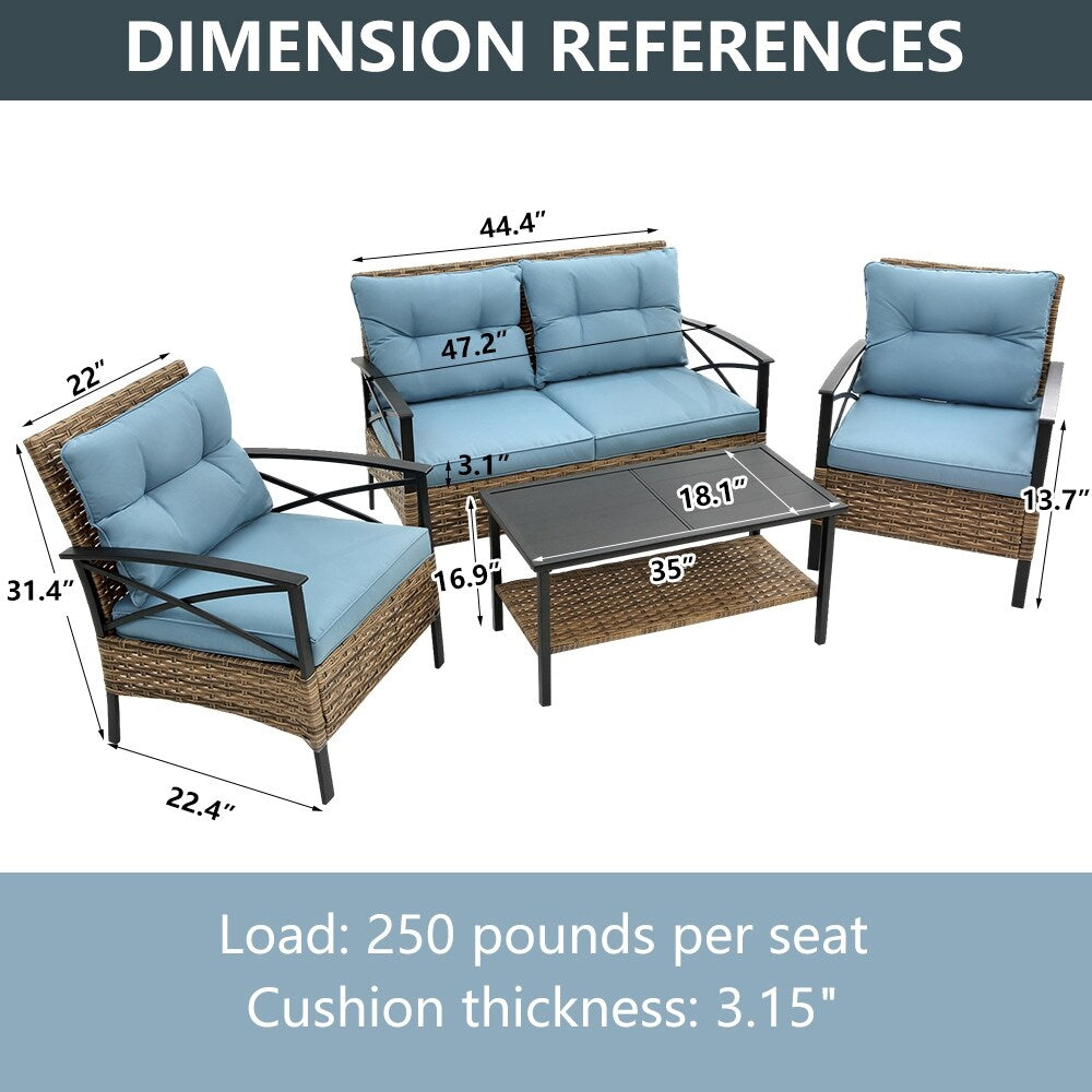 Ensemble de meubles de jardin en rotin 4 pièces, coussins épais et table d'appoint : 1 table, 2 chaises simples et 1 causeuse