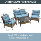 Ensemble de meubles de jardin en rotin 4 pièces, coussins épais et table d'appoint : 1 table, 2 chaises simples et 1 causeuse