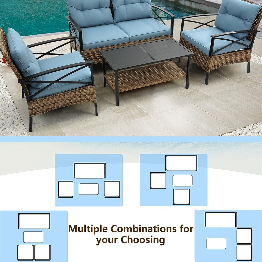 Ensemble de meubles de jardin en rotin 4 pièces, coussins épais et table d'appoint : 1 table, 2 chaises simples et 1 causeuse