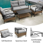 Ensemble de meubles de jardin en rotin 4 pièces, coussins épais et table d'appoint : 1 table, 2 chaises simples et 1 causeuse