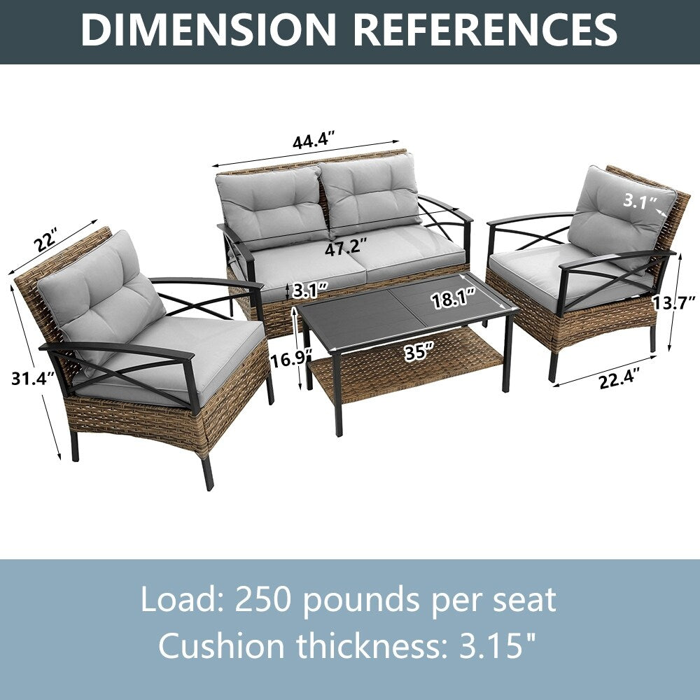 Ensemble de meubles de jardin en rotin 4 pièces, coussins épais et table d'appoint : 1 table, 2 chaises simples et 1 causeuse
