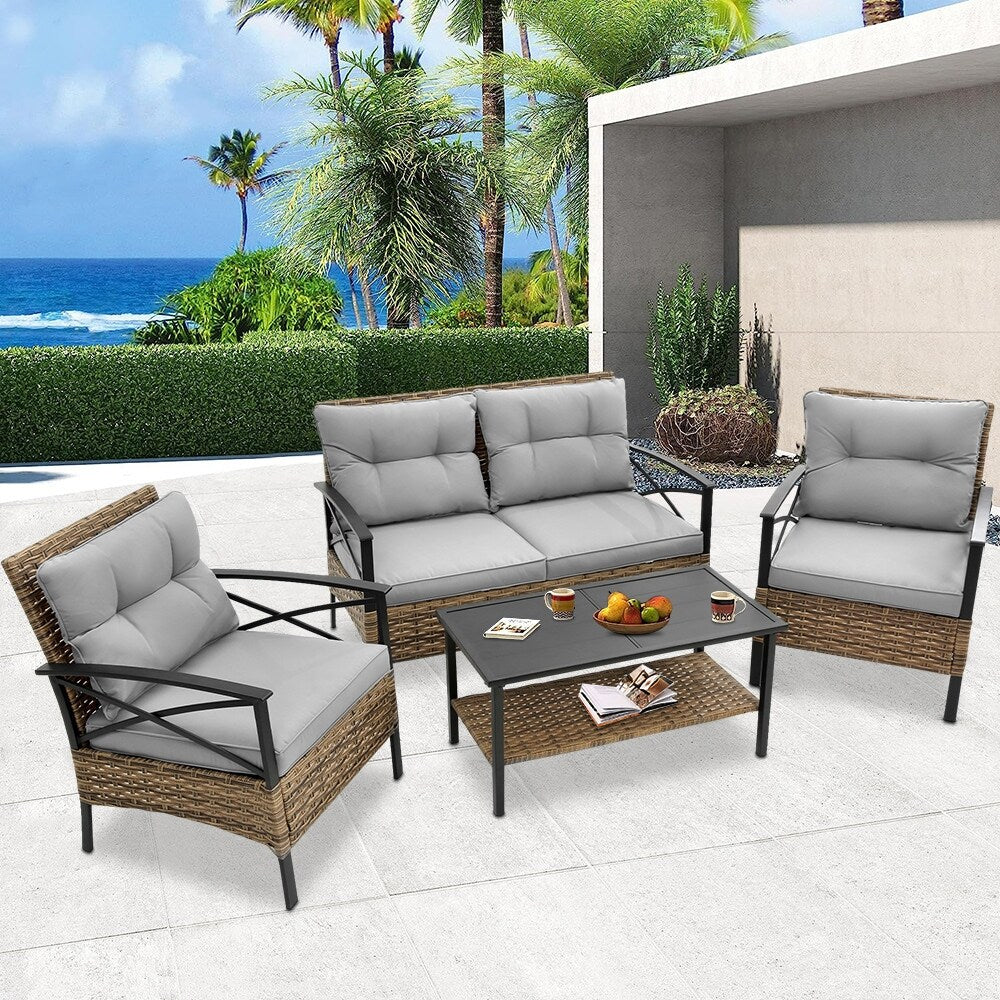 Ensemble de meubles de jardin en rotin 4 pièces, coussins épais et table d'appoint : 1 table, 2 chaises simples et 1 causeuse