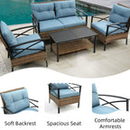 Ensemble de meubles de jardin en rotin 4 pièces, coussins épais et table d'appoint : 1 table, 2 chaises simples et 1 causeuse