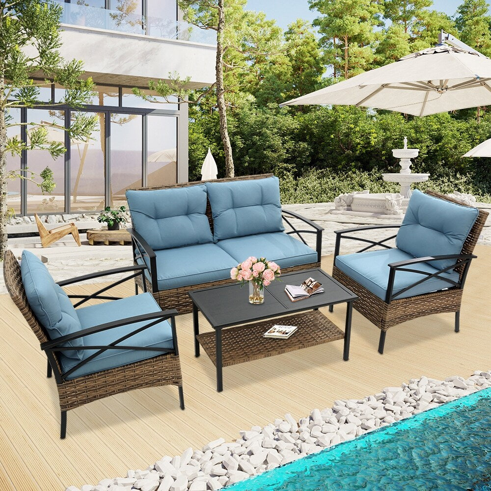 Ensemble de meubles de jardin en rotin 4 pièces, coussins épais et table d'appoint : 1 table, 2 chaises simples et 1 causeuse