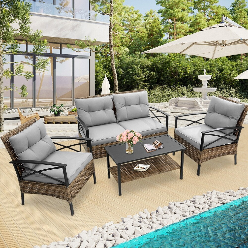 Ensemble de meubles de jardin en rotin 4 pièces, coussins épais et table d'appoint : 1 table, 2 chaises simples et 1 causeuse