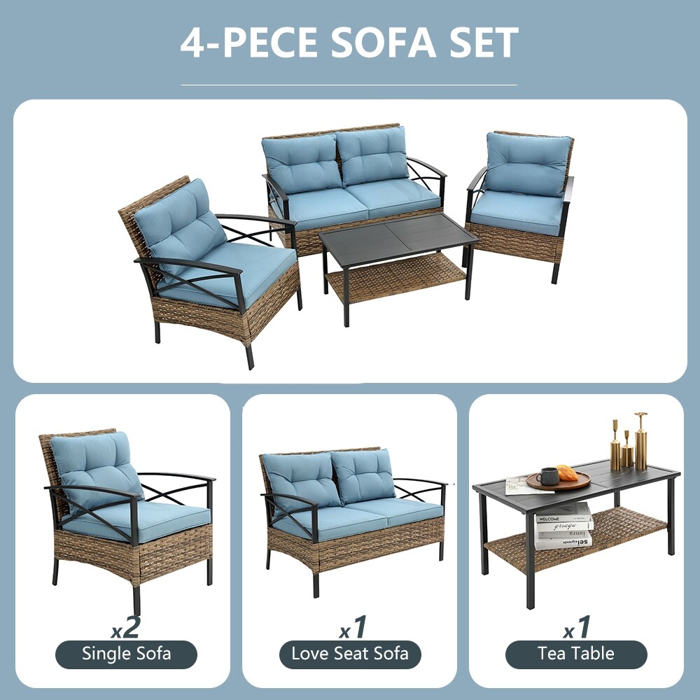 Ensemble de meubles de jardin en rotin 4 pièces, coussins épais et table d'appoint : 1 table, 2 chaises simples et 1 causeuse