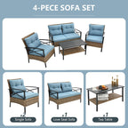 Ensemble de meubles de jardin en rotin 4 pièces, coussins épais et table d'appoint : 1 table, 2 chaises simples et 1 causeuse
