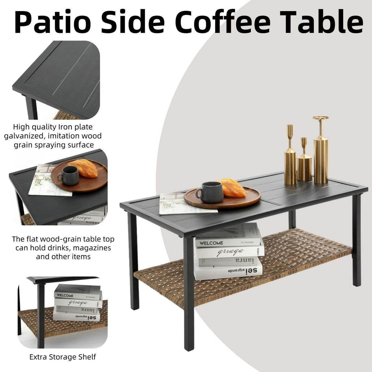 Ensemble de meubles de jardin en rotin 4 pièces, coussins épais et table d'appoint : 1 table, 2 chaises simples et 1 causeuse