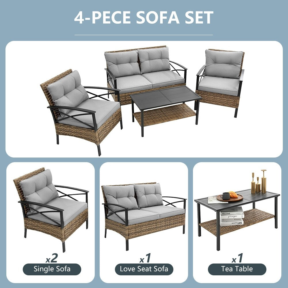 Ensemble de meubles de jardin en rotin 4 pièces, coussins épais et table d'appoint : 1 table, 2 chaises simples et 1 causeuse