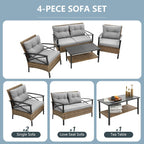 Ensemble de meubles de jardin en rotin 4 pièces, coussins épais et table d'appoint : 1 table, 2 chaises simples et 1 causeuse