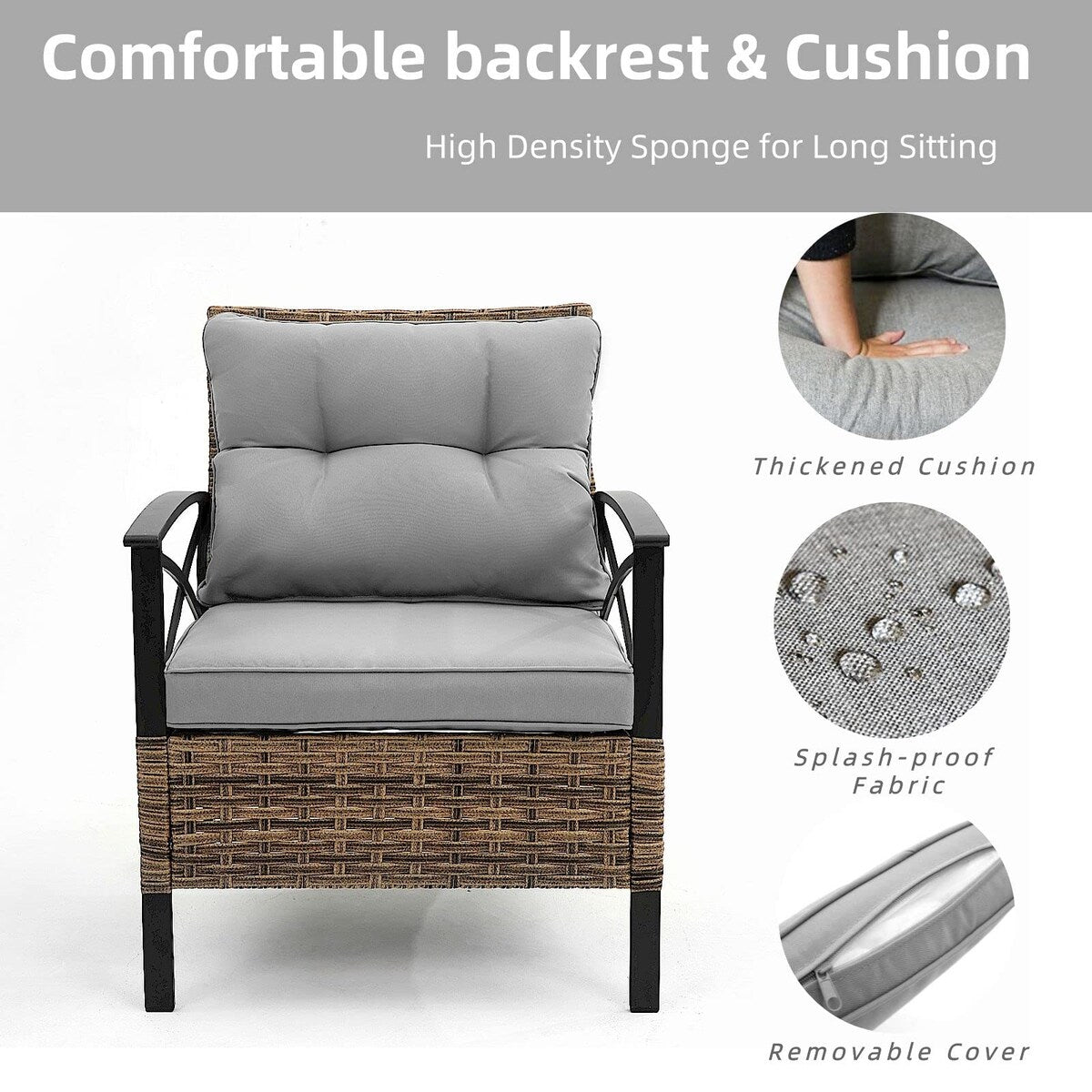 Ensemble de meubles de jardin en rotin 4 pièces, coussins épais et table d'appoint : 1 table, 2 chaises simples et 1 causeuse