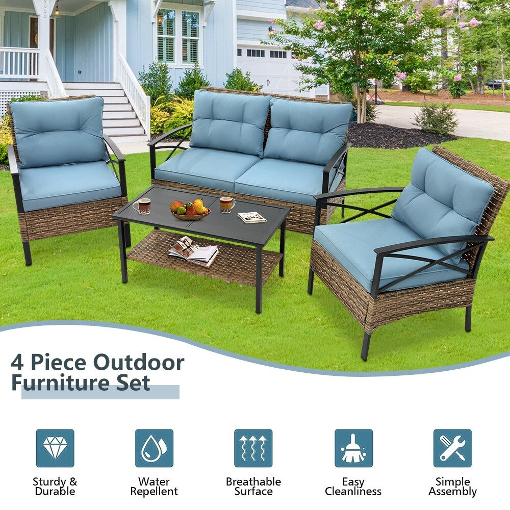 Ensemble de meubles de jardin en rotin 4 pièces, coussins épais et table d'appoint : 1 table, 2 chaises simples et 1 causeuse