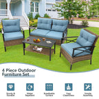 Ensemble de meubles de jardin en rotin 4 pièces, coussins épais et table d'appoint : 1 table, 2 chaises simples et 1 causeuse