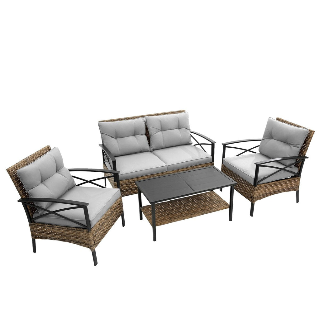 Ensemble de meubles de jardin en rotin 4 pièces, coussins épais et table d'appoint : 1 table, 2 chaises simples et 1 causeuse