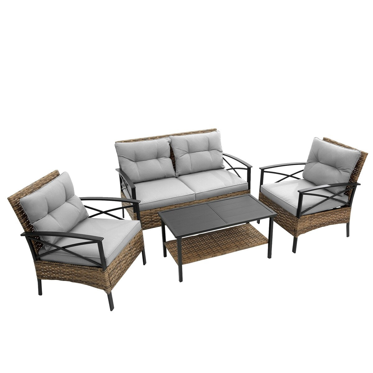 Ensemble de meubles de jardin en rotin 4 pièces, coussins épais et table d'appoint : 1 table, 2 chaises simples et 1 causeuse