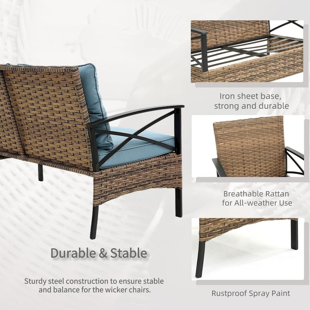 Ensemble de meubles de jardin en rotin 4 pièces, coussins épais et table d'appoint : 1 table, 2 chaises simples et 1 causeuse
