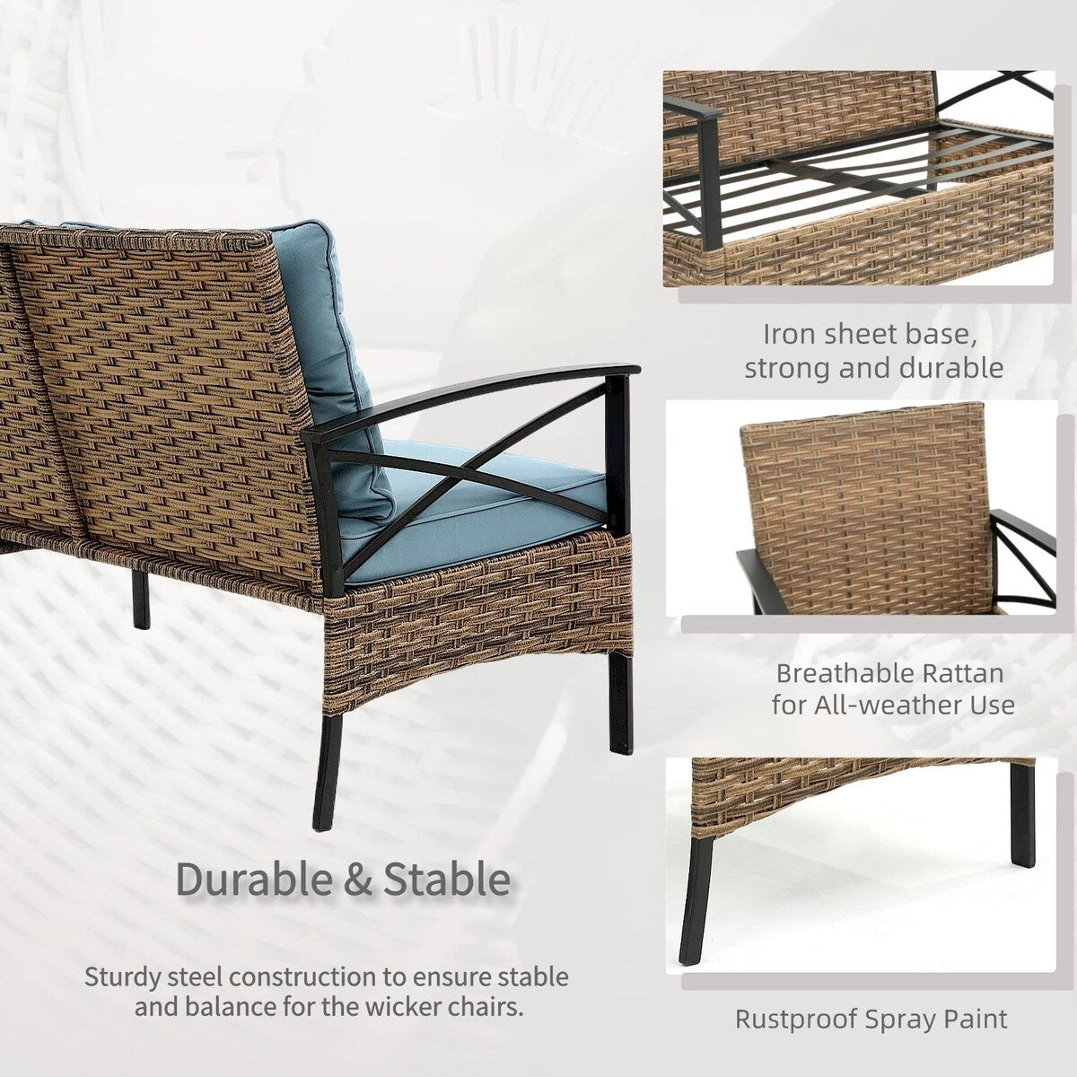 Ensemble de meubles de jardin en rotin 4 pièces, coussins épais et table d'appoint : 1 table, 2 chaises simples et 1 causeuse