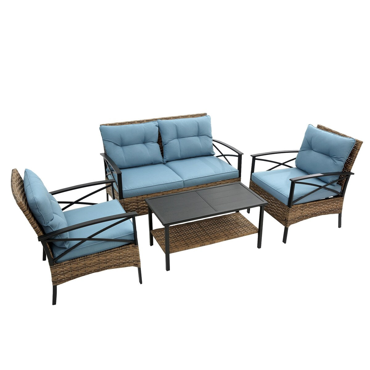 Ensemble de meubles de jardin en rotin 4 pièces, coussins épais et table d'appoint : 1 table, 2 chaises simples et 1 causeuse