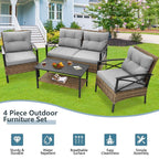 Ensemble de meubles de jardin en rotin 4 pièces, coussins épais et table d'appoint : 1 table, 2 chaises simples et 1 causeuse