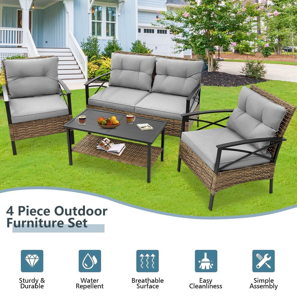 Ensemble de meubles de jardin en rotin 4 pièces, coussins épais et table d'appoint : 1 table, 2 chaises simples et 1 causeuse