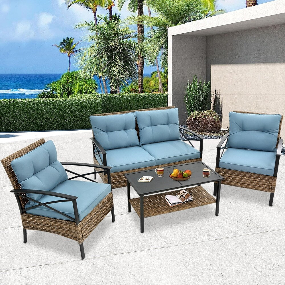 Ensemble de meubles de jardin en rotin 4 pièces, coussins épais et table d'appoint : 1 table, 2 chaises simples et 1 causeuse