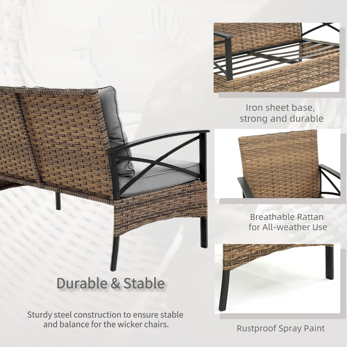 Ensemble de meubles de jardin en rotin 4 pièces, coussins épais et table d'appoint : 1 table, 2 chaises simples et 1 causeuse