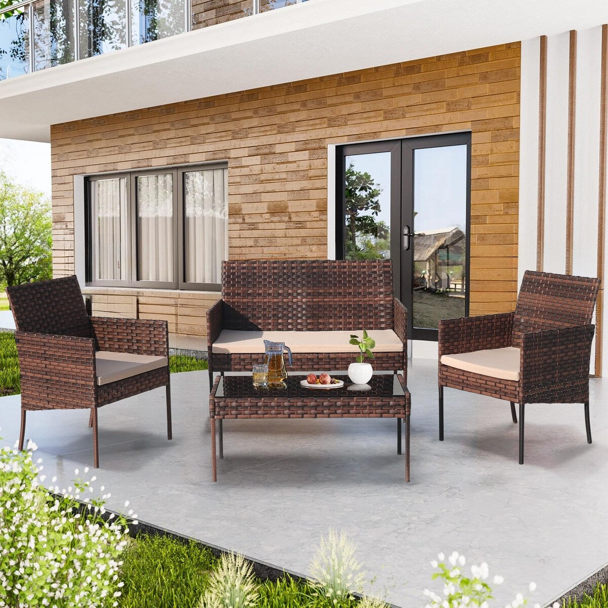 Ensemble de meubles de jardin en osier 4 pièces avec table, causeuse et 2 chaises