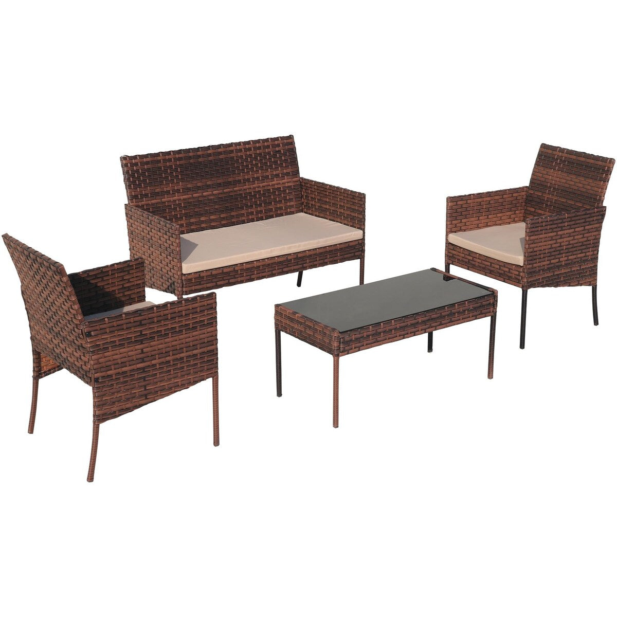 Ensemble de meubles de jardin en osier 4 pièces avec table, causeuse et 2 chaises