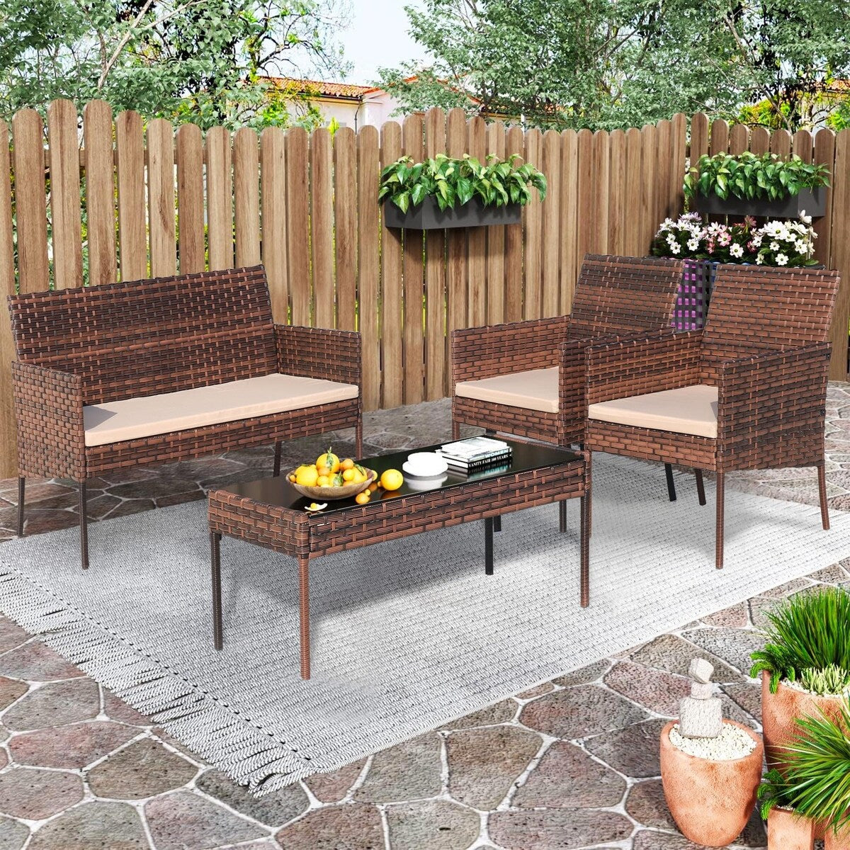 Ensemble de meubles de jardin en osier 4 pièces avec table, causeuse et 2 chaises