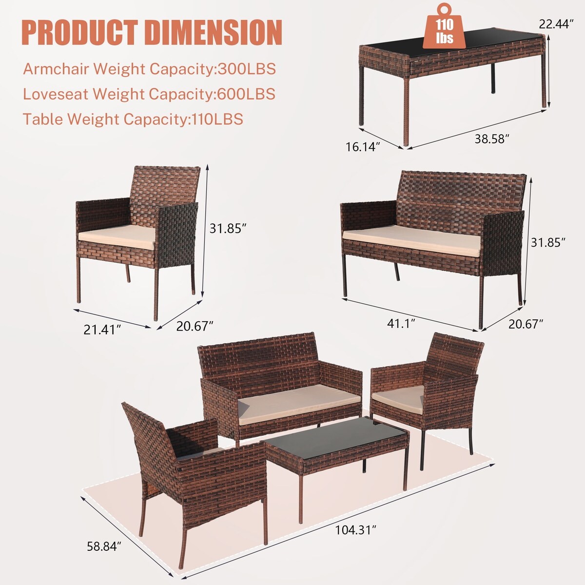 Ensemble de meubles de jardin en osier 4 pièces avec table, causeuse et 2 chaises
