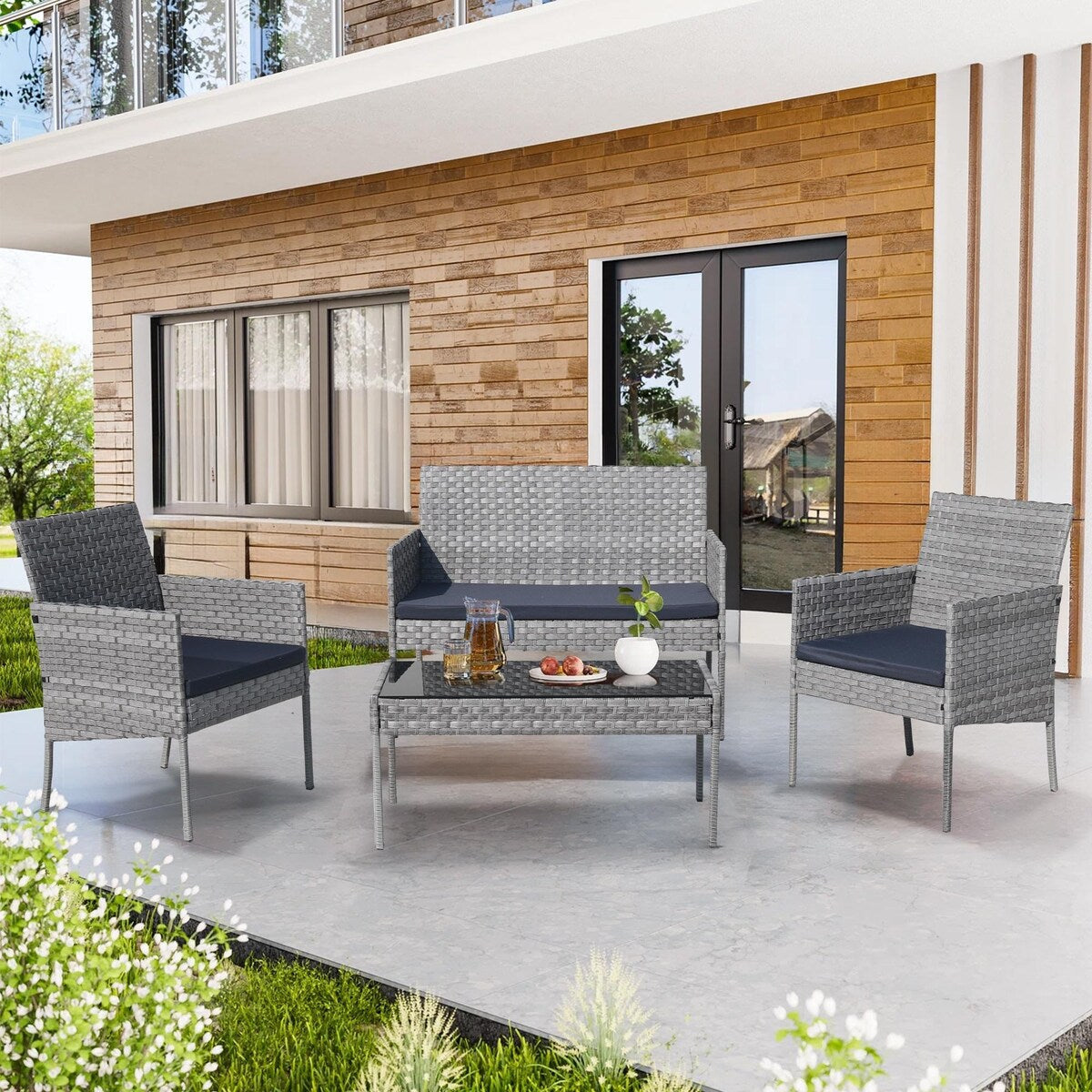 Ensemble de meubles de jardin en osier 4 pièces avec table, causeuse et 2 chaises