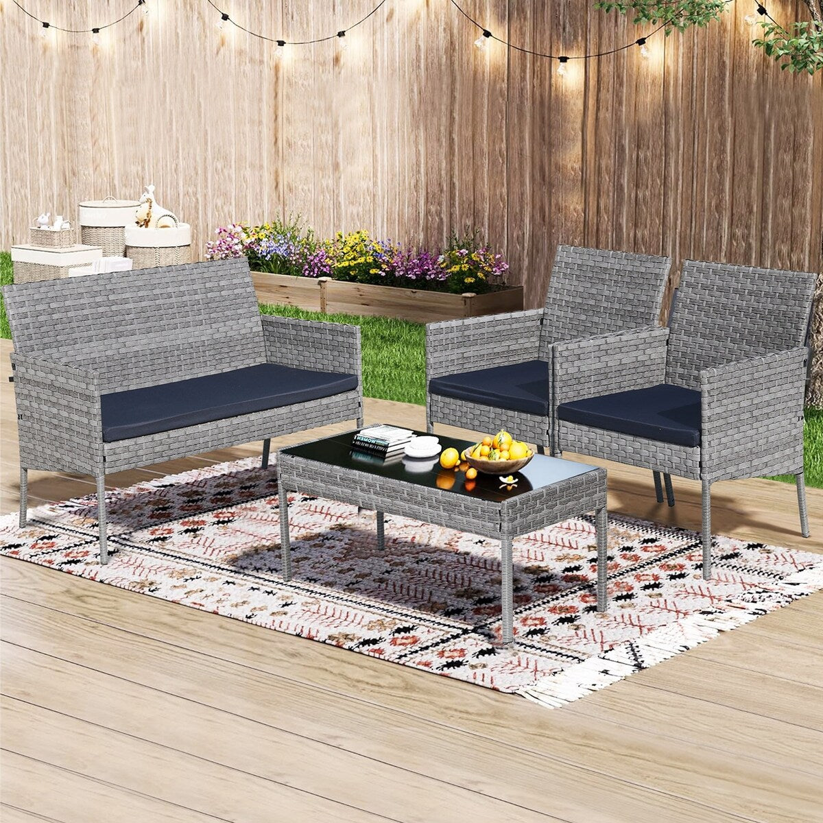 Ensemble de meubles de jardin en osier 4 pièces avec table, causeuse et 2 chaises