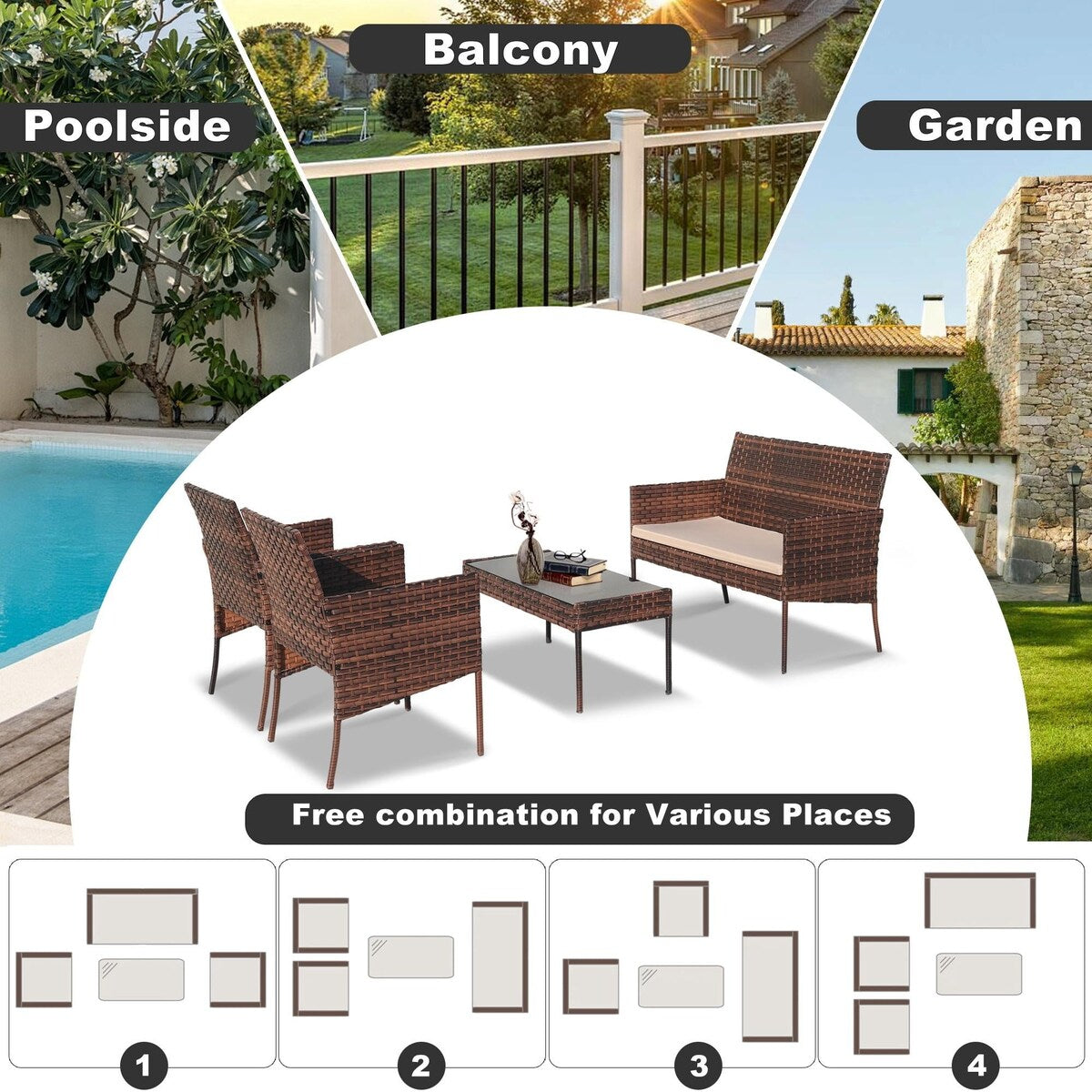 Ensemble de meubles de jardin en osier 4 pièces avec table, causeuse et 2 chaises