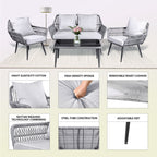Ensemble de 4 meubles de jardin en osier pour terrasse, canapé-lit en rotin gris avec coussin et table