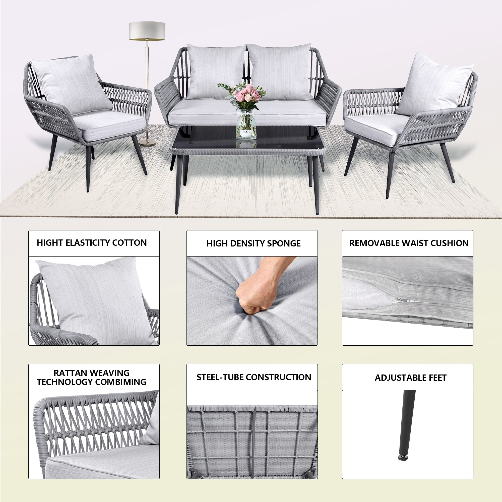 Ensemble de 4 meubles de jardin en osier pour terrasse, canapé-lit en rotin gris avec coussin et table