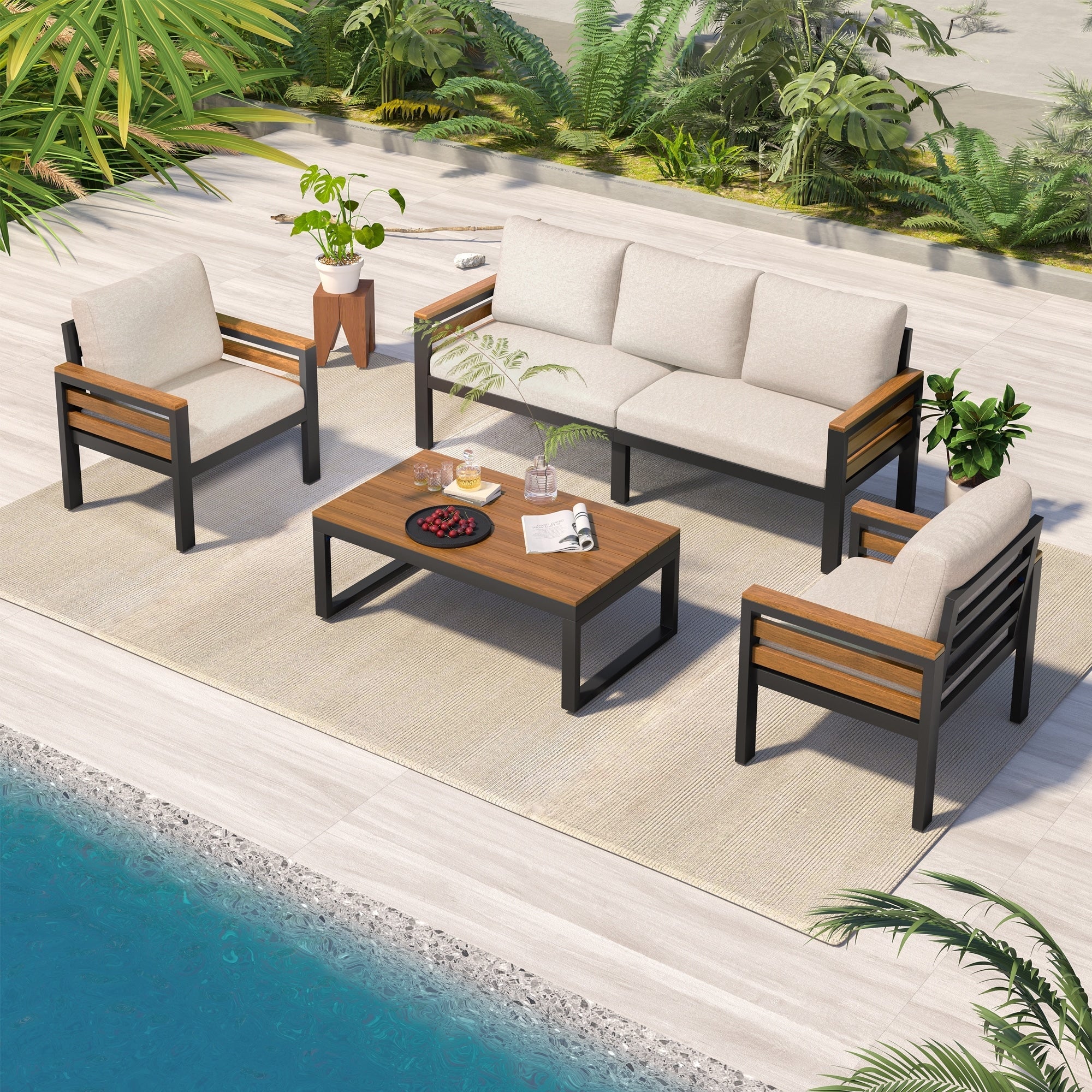 Ensemble de canapés d'extérieur 4 pièces pour 5 personnes avec coussin amovible et table basse en bois massif