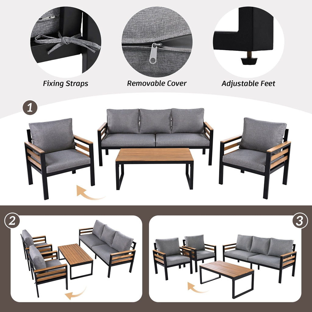 Ensemble de canapés d'extérieur 4 pièces pour 5 personnes avec coussin amovible et table basse en bois massif