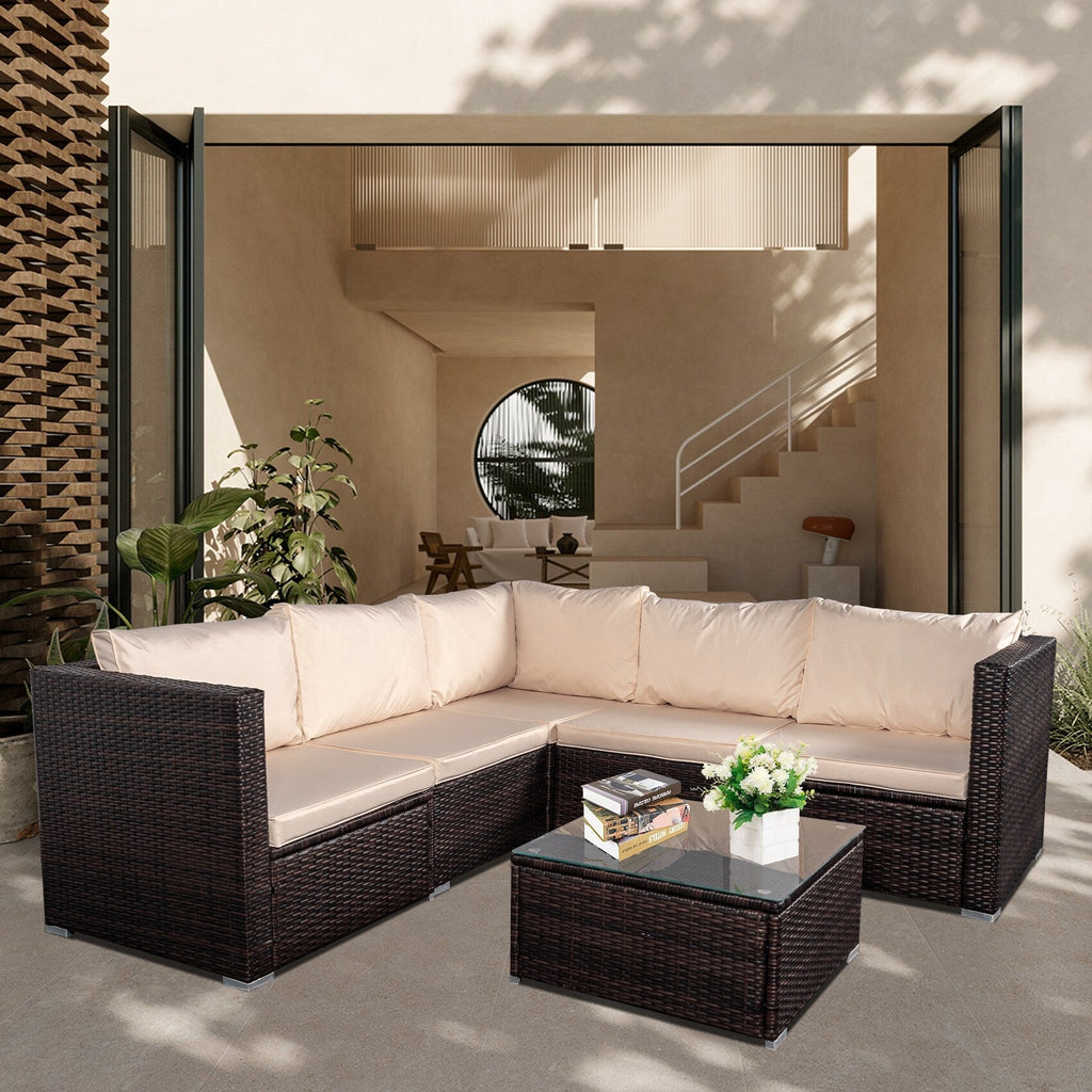Ensemble de salon de jardin 4 pièces avec coussins épais, canapé d'extérieur en osier et table basse